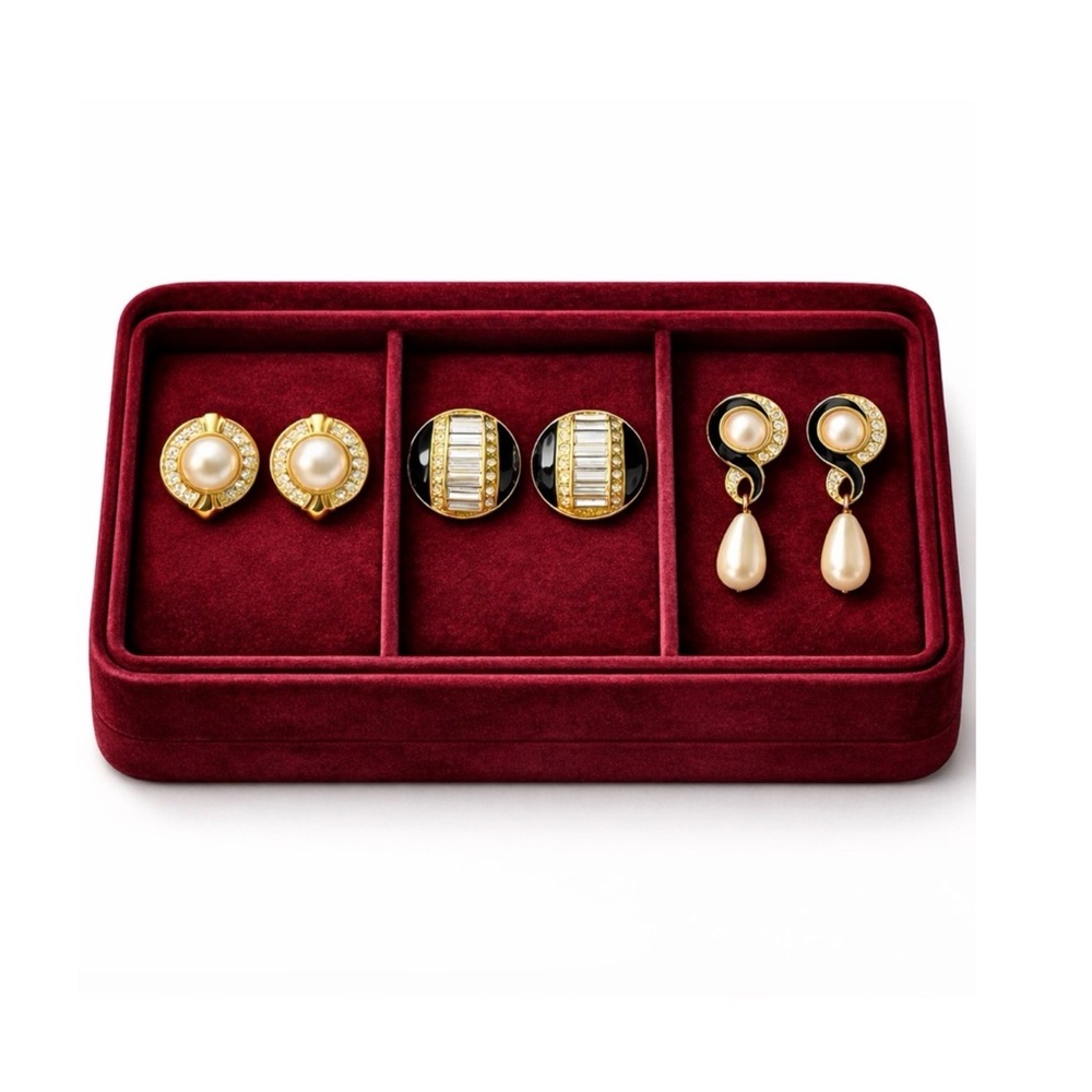 Vintage 1980s Gold Pearl Enamel Crystal Earrings Lot of 3 Stud Dynasty Glam Gift